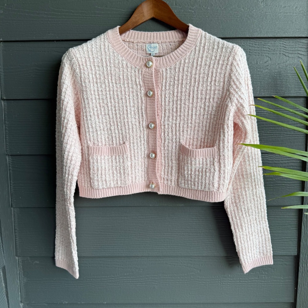 Francesca's Blue Rain Pearl Button Cropped Cardigan Sweater Pink NWT S - Picture 1 of 9